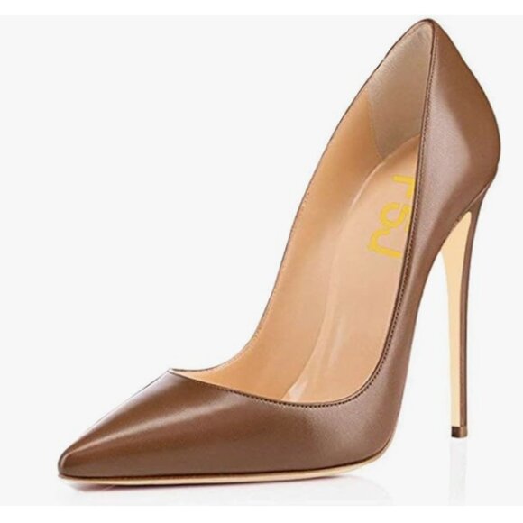 FSJ Brown Pointed Toe Pumps High Heel Sexy Stilettos Slip On Office Dress Shoes - Picture 1 of 8